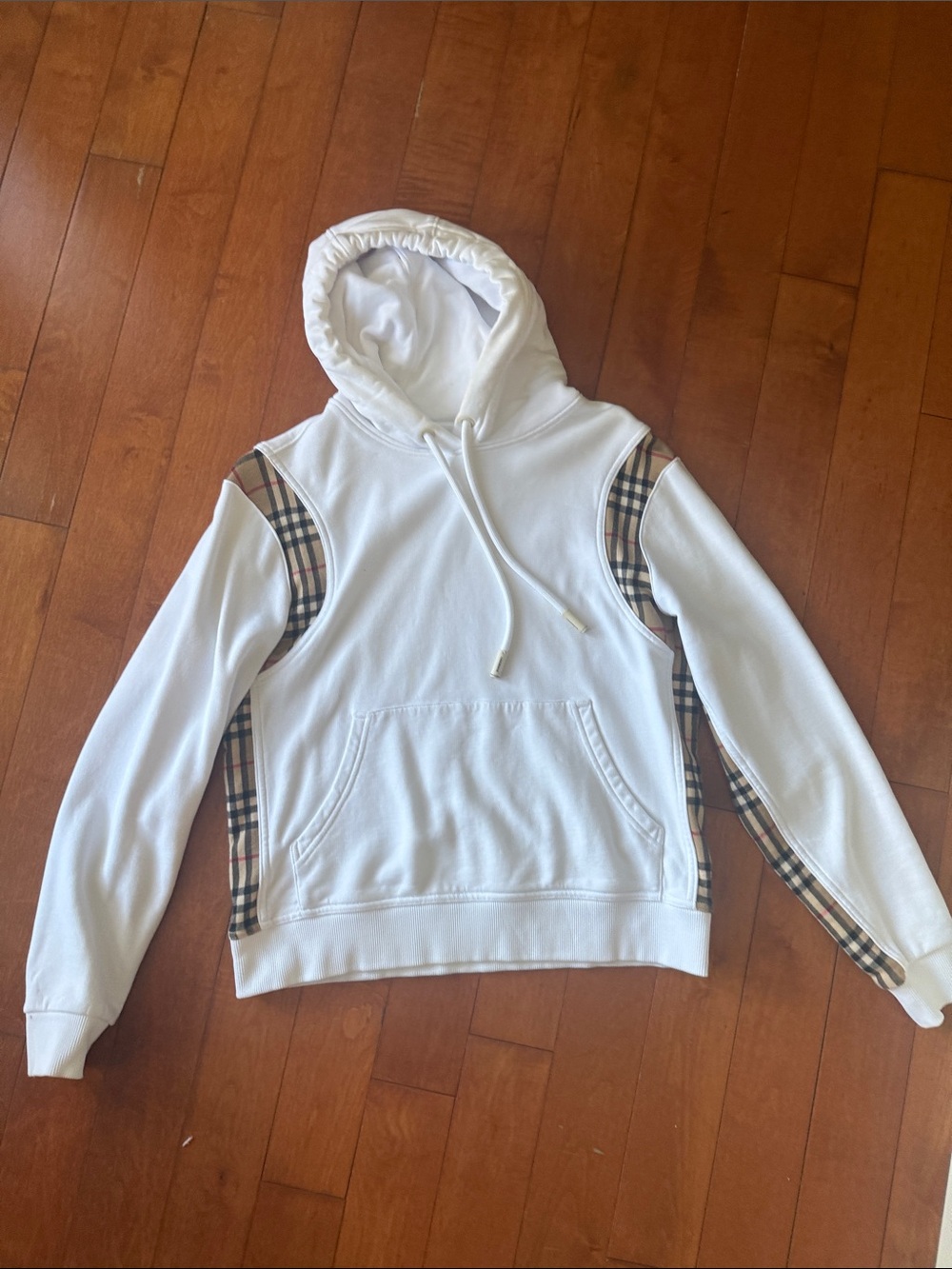 Burberry White Hooded Zip-Up Sweater with Signature Plaid Trim